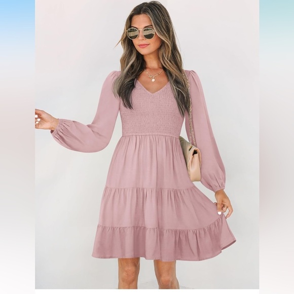 Long Sleeve Smocked Babydoll Ruffle A Line Tiered Mini Dress Size Medium Pink - Picture 1 of 11